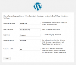 Der Installationsscreen von WordPress zur Abfrage der Datenbank