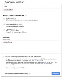Googles reCaptcha Formular zum Hinzufügen neuer Websites