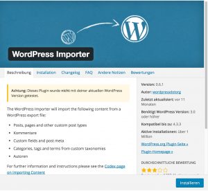 WordPress Importer Popup vor der Installation